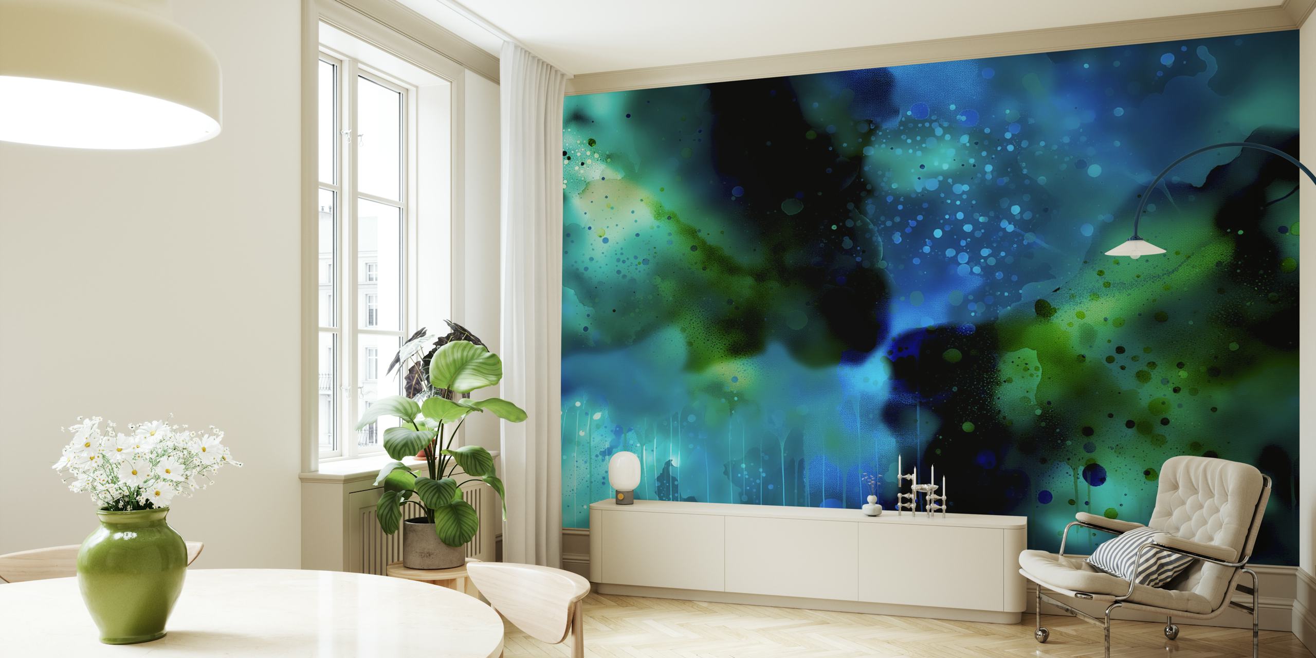 Papel tapiz Meditative Universe Teal Green en una habitación
